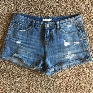 VICI Mod Ref Mid Rise Distressed Denim Shorts
